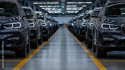 Black electric sedan cars standing, parking in a row. Fleet of generic modern Luxury cars consisting of generic brandless design in new electric car showroom for display