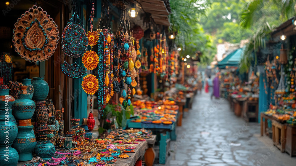 Fototapeta premium Shopping spree scene featuring vibrant market stalls selling handmade accessories