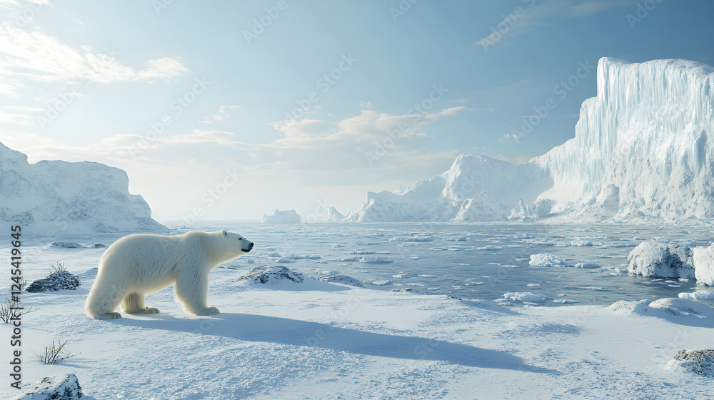 Majestic Polar Bear Wandering Through Pristine Arctic Ice and Snow Under a Clear Blue Sky Majestic Polar Bear Wandering Through Pristine Arctic Ice and Snow Under a Clear Blue Sky
