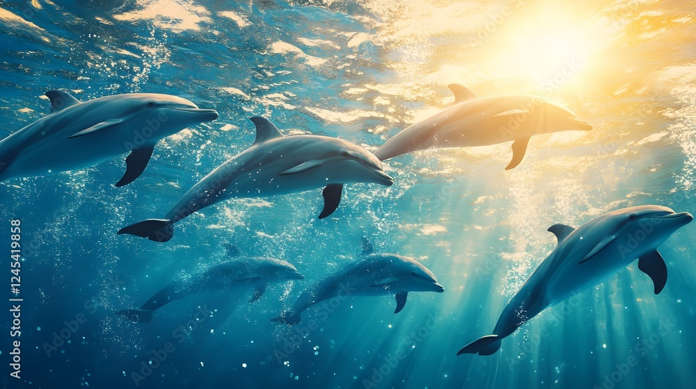 Obraz premium Dolphins swimming gracefully, playful marine mammals in vibrant blue waters, sunlight filtering through, ideal for ocean themes.