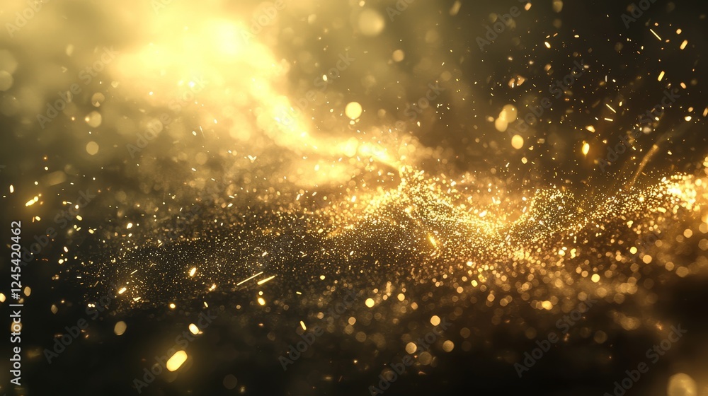 Fototapeta premium High-energy golden light burst, sharp glowing particles and motion blur trails, dark metallic background, hyper-detailed 4K resolution, futuristic theme