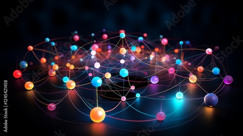 Colorful network of connected spheres on dark background