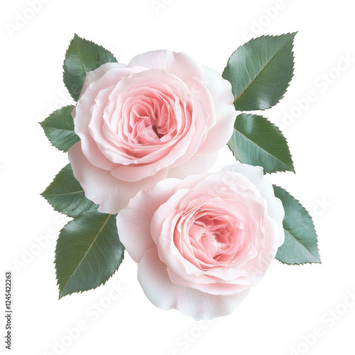 Elegant Pink Roses with Lush Green Leaves on White Background