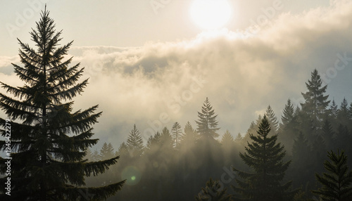 Misty forest silhouette with hemlock trees at sunrise, nature's tranquility photo