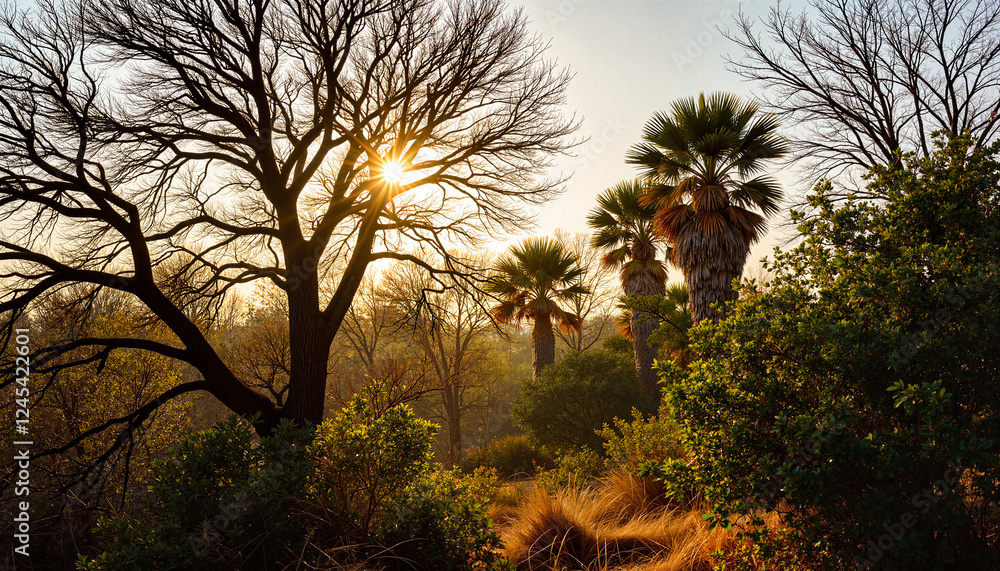 Fototapeta premium Silhouetted tamarind trees at desert oasis, serene tropical ambiance