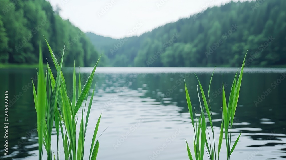 Serene lake, green reeds, forest backdrop, nature calm Serene lake, green reeds, forest backdrop, nature calm