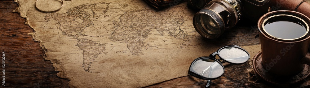 Antique world map, coffee, glasses, camera; adventure planning Antique world map, coffee, glasses, camera; adventure planning