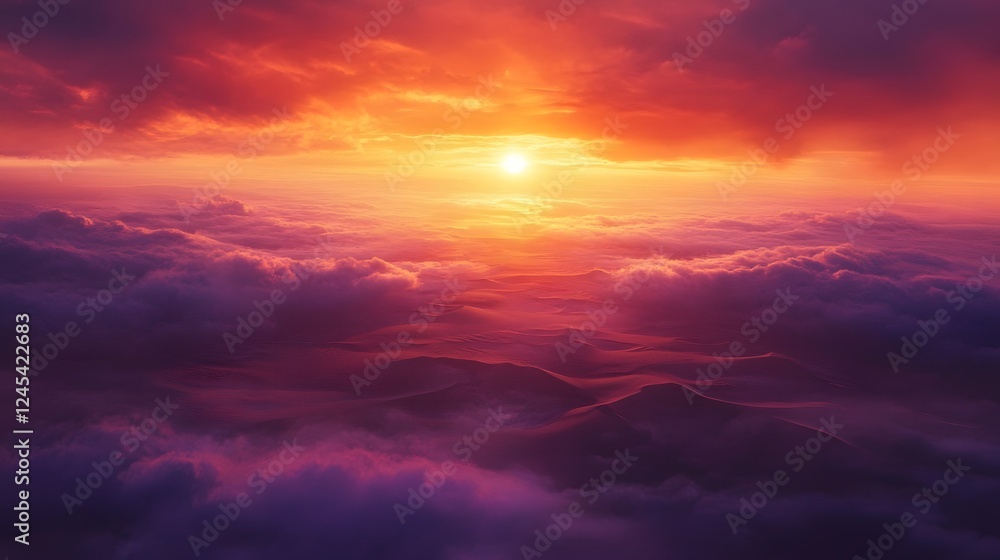 Dramatic sunset over clouds, vibrant hues of orange and purple, serene atmosphere, perfect for inspirational themes and relaxation. Dramatic sunset over clouds, vibrant hues of orange and purple, serene atmosphere, perfect for inspirational themes and relaxation.