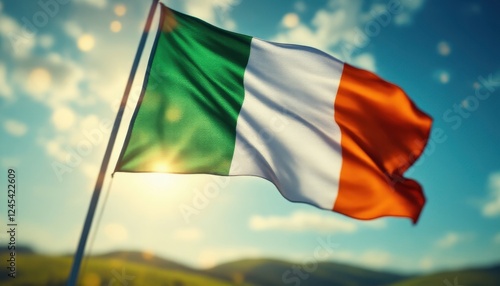 Obraz na plátně Irish national flag waving in a sunny landscape with green hills in the backgrou