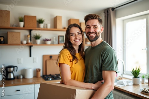 A Happy Young Couple Enjoying a New Home Together in Their Modern Kitchen Filled with Boxes and Plants, Symbolizing New Beginnings and Fresh Starts photo