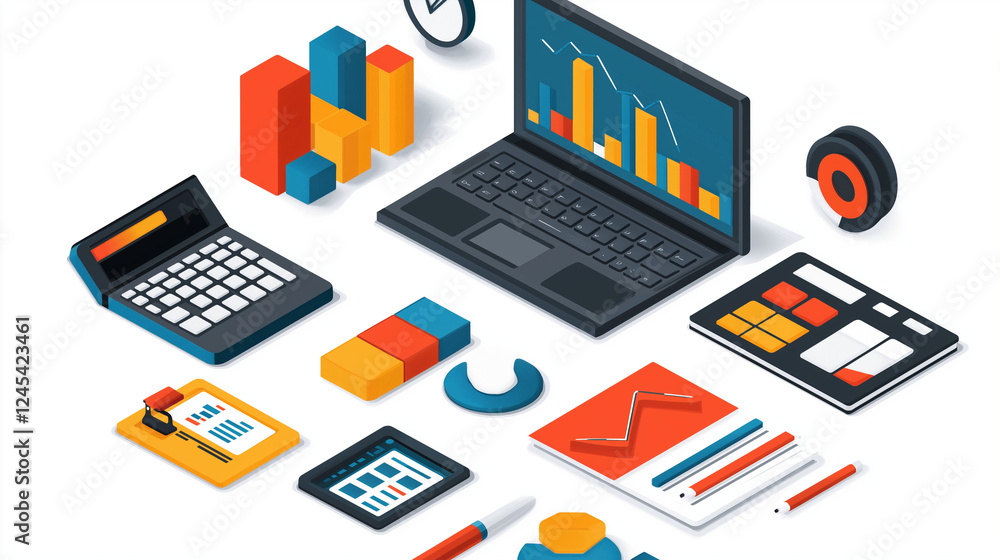 Include elements like calculators, laptops, and statistical charts for real-world applications. Include elements like calculators, laptops, and statistical charts for real-world applications.