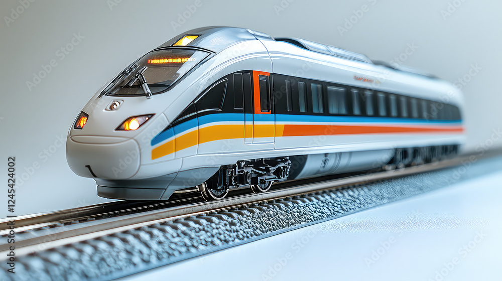 Fototapeta premium Modern high-speed train model on tracks, showcasing sleek design and vibrant colors against a neutral background.