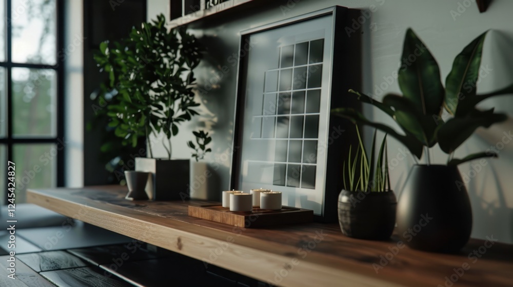 Elegant Photo Frame Mockup on a Wooden Shelf with Cozy Decor Elegant Photo Frame Mockup on a Wooden Shelf with Cozy Decor