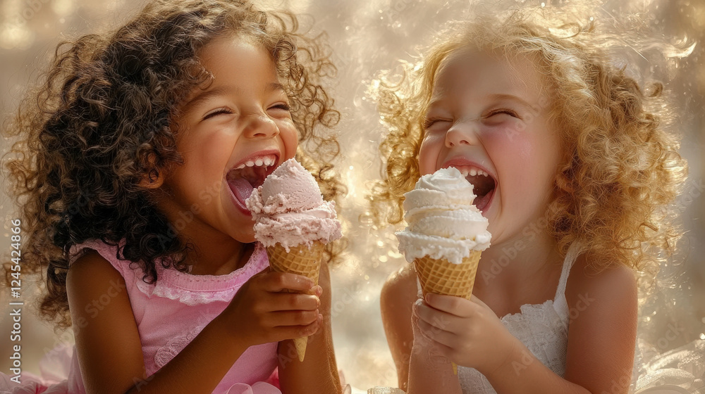 Two little girls happily eat ice cream cones in their hands Two little girls happily eat ice cream cones in their hands