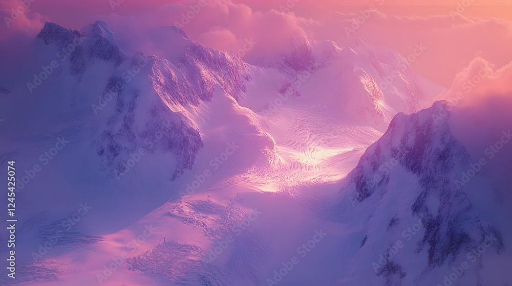 Fototapeta premium Majestic mountain landscape at sunrise, soft pastel colors illuminating snowy peaks, tranquil scene with copy-space for text.