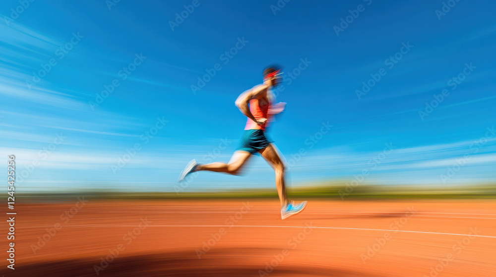 Blurred motion of an athlete running on the track, with a blue sky background Blurred motion of an athlete running on the track, with a blue sky background