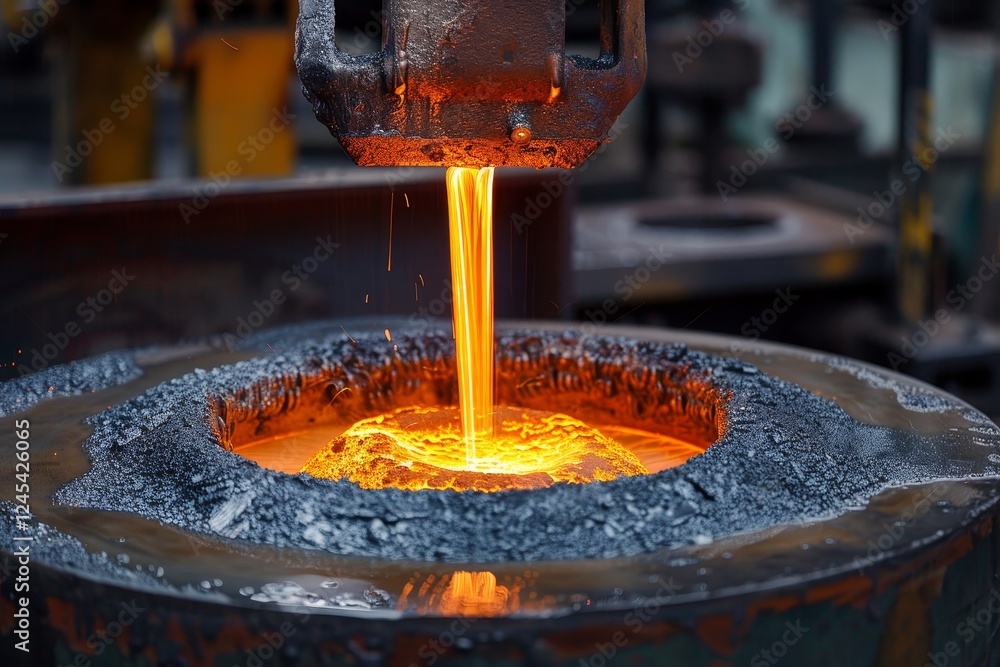 Molten metal pouring into mould in industrial foundry setting Molten metal pouring into mould in industrial foundry setting