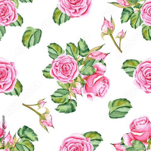 Watercolor roses. Seamless pattern of rose flowers, stems, leaves and buds. The drawing is made in watercolor technique by hand on an isolated background. Illustration for your design.
