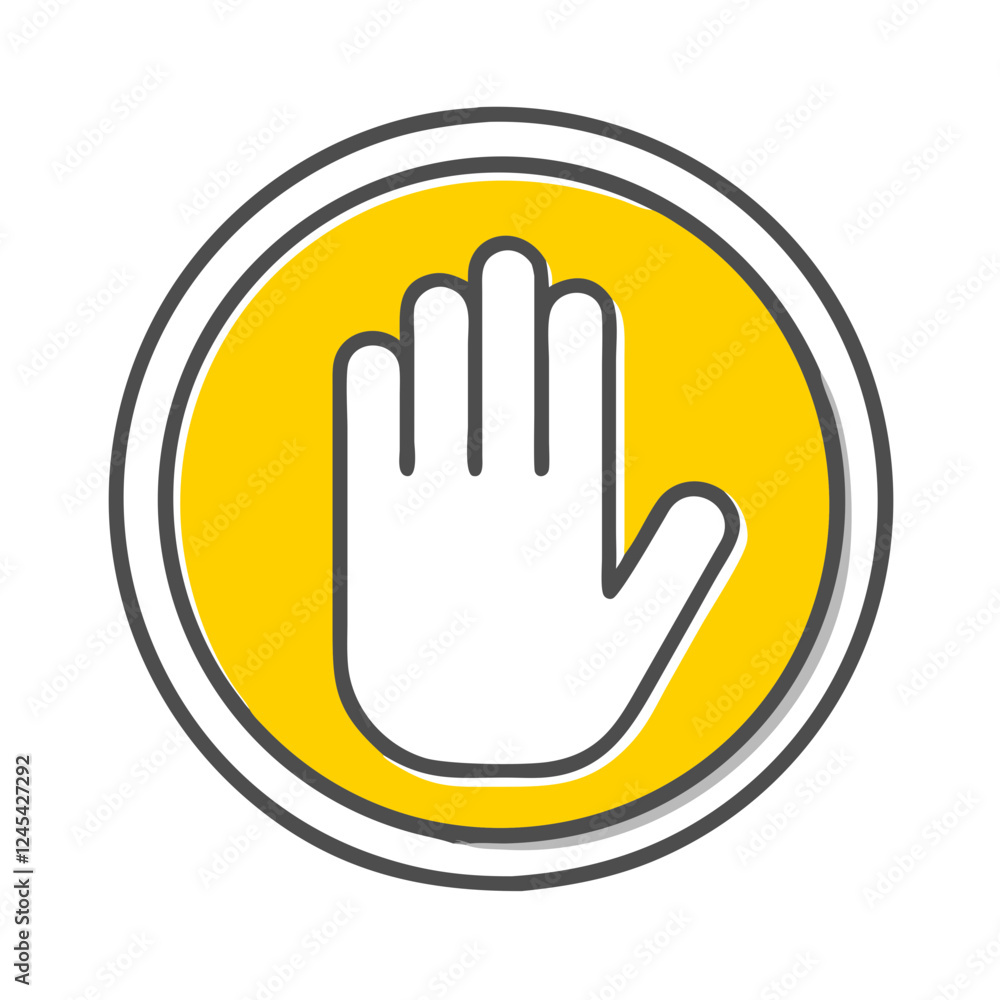 Hand symbol indicating stop on yellow background, caution sign Hand symbol indicating stop on yellow background, caution sign