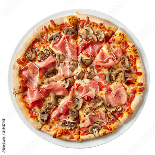 Whole pizza with prosciutto, mushrooms, and melted cheese on a white plate, top view, isolated on white background photo