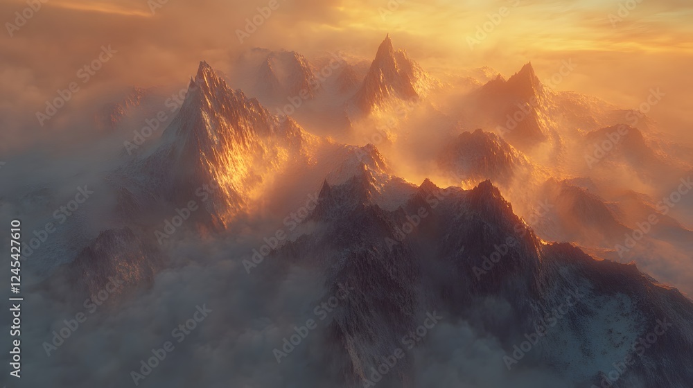 Fototapeta premium Majestic mountain landscape enveloped in clouds, breathtaking sunrise lighting, serene atmosphere perfect for inspiration.
