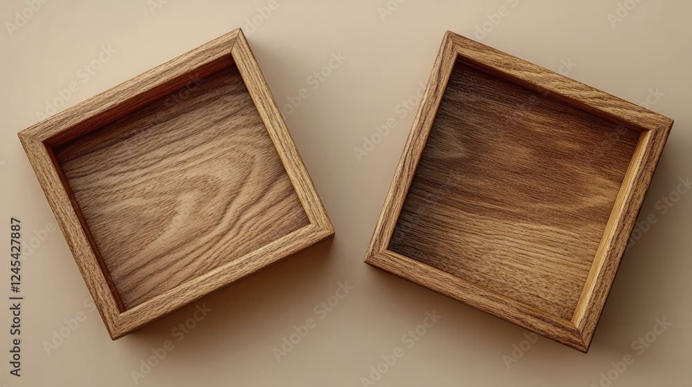 Fototapeta premium An opened square wooden box mockup with natural wood grain on a soft beige background 