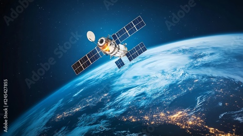 Satellite orbiting earth above bright city lights at night