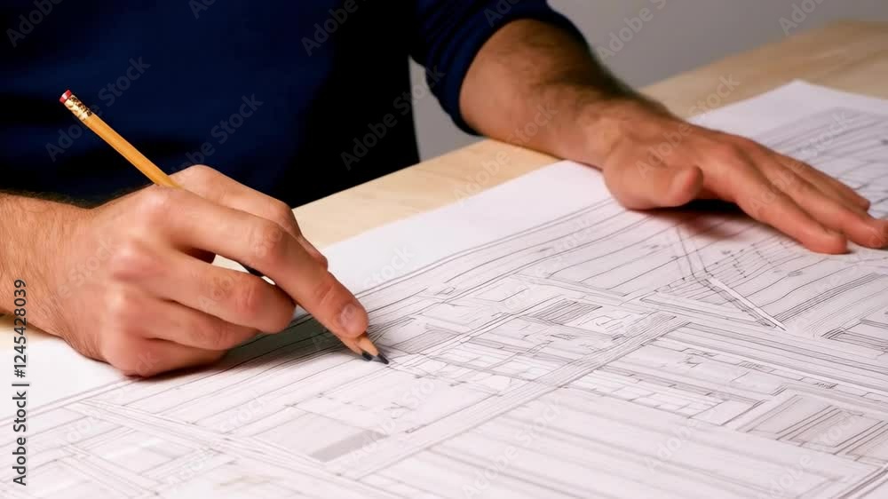 The hands of a man who sits at a table and works with drawings are shown. The hands of a man who sits at a table and works with drawings are shown.