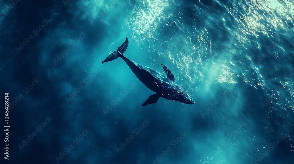 Fototapeta premium A majestic whale gracefully swims through the deep blue sea illuminated by sunlight