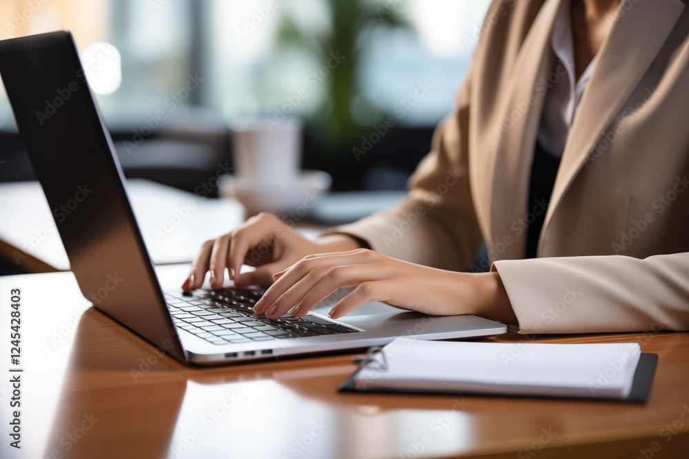 Female hands office manager typing on laptop, closeup of hands on black keyboard. Closeup of businesswoman typing on laptop computer Female hands office manager typing on laptop, closeup of hands on black keyboard. Closeup of businesswoman typing on laptop computer