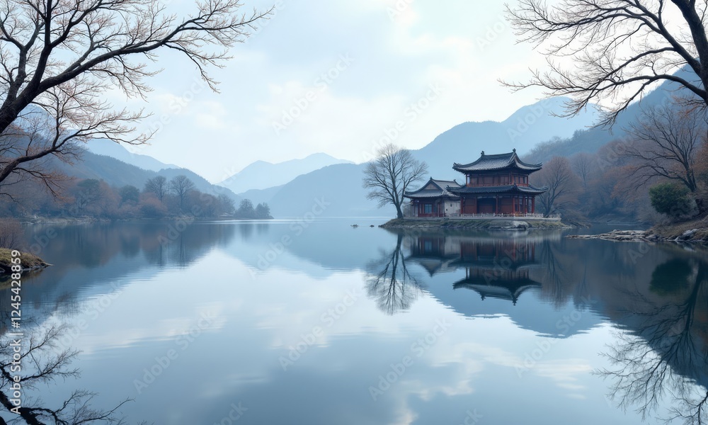 Chinese Pagoda Temple on Lake with Mountain Backdrop Chinese Pagoda Temple on Lake with Mountain Backdrop
