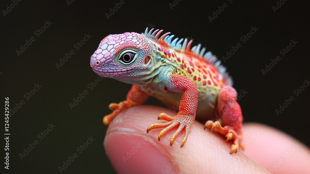 Obraz premium Vibrant Baby Iguana on a Finger: A Close-Up Macro Shot