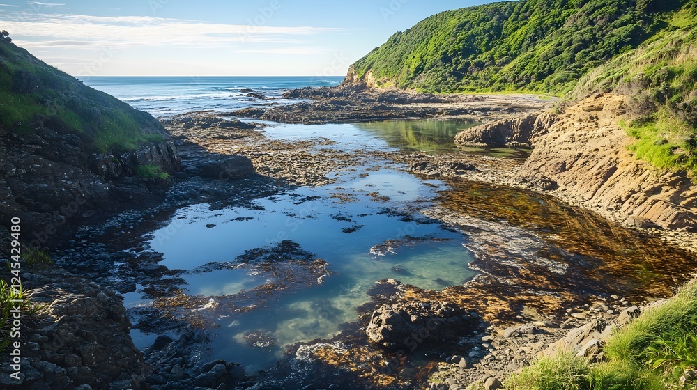 Obraz premium Serene coastal landscape, rocky shoreline with clear blue waters, lush green hills, ideal for nature appreciation or adventure text.