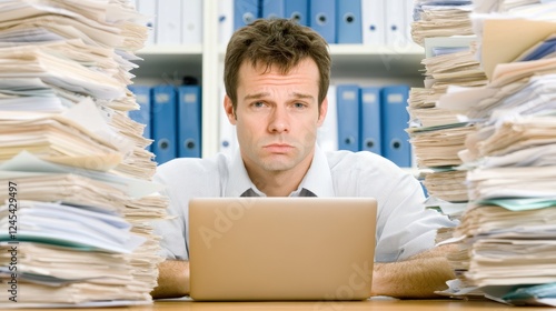 Drowning in Paperwork: A stressed businessman overwhelmed by towering stacks of paperwork, his face reflecting the weight of responsibility as he works on his laptop. photo