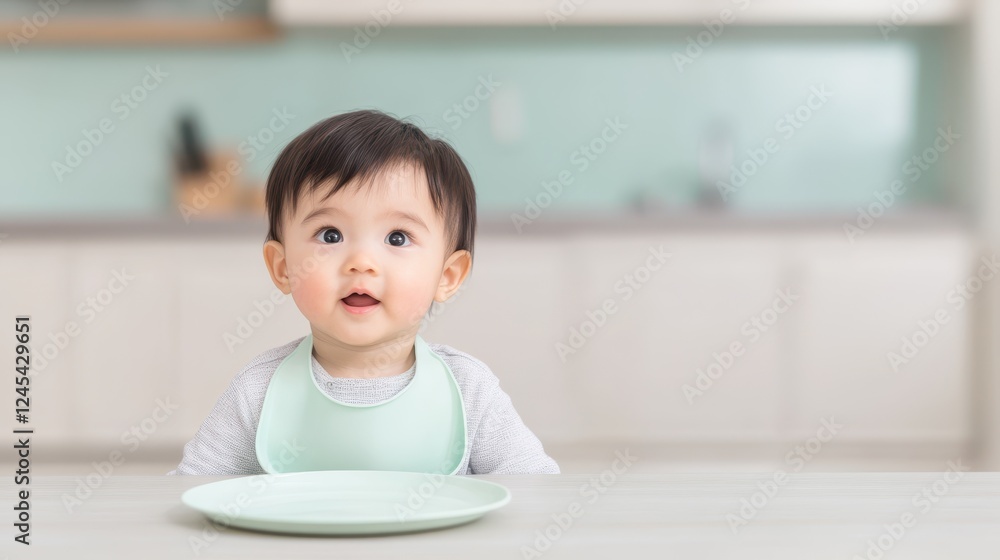 Curious Baby: A sweet, wide-eyed baby wearing a light green bib, sits at a table, gazing curiously at an empty plate, his expression filled with wonder and anticipation. Curious Baby: A sweet, wide-eyed baby wearing a light green bib, sits at a table, gazing curiously at an empty plate, his expression filled with wonder and anticipation.