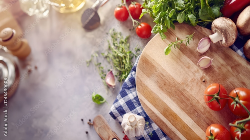 Culinary Canvas: A rustic wooden cutting board sits at the heart of a culinary tableau, ready to welcome fresh ingredients. Vibrant red tomatoes, fragrant herbs. Culinary Canvas: A rustic wooden cutting board sits at the heart of a culinary tableau, ready to welcome fresh ingredients. Vibrant red tomatoes, fragrant herbs.