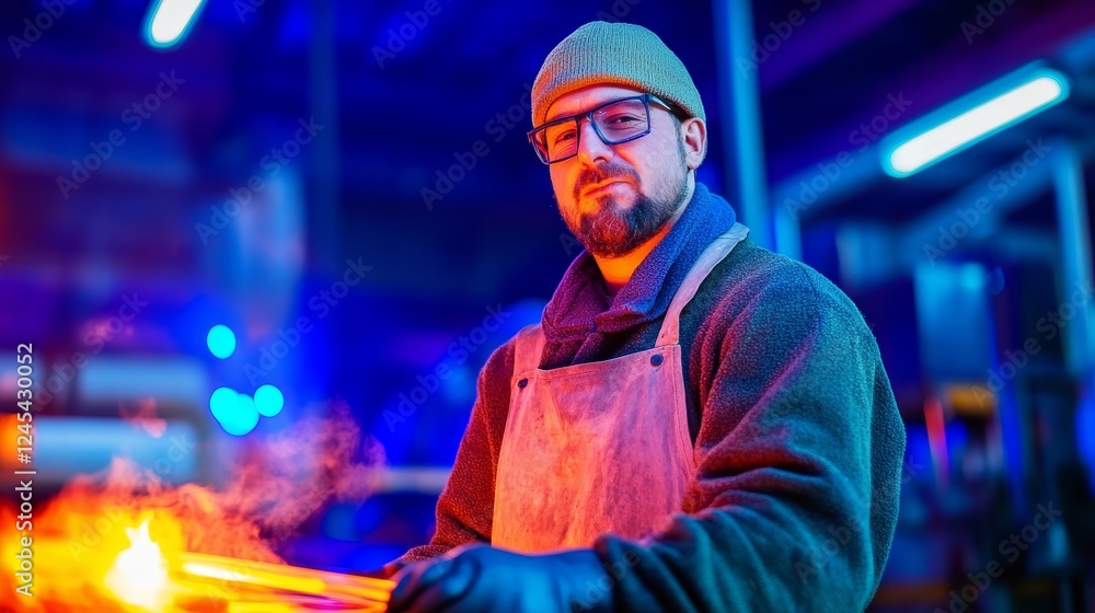 Skilled artisan working with glowing metal in a vibrant workshop, showcasing craftsmanship and focus Skilled artisan working with glowing metal in a vibrant workshop, showcasing craftsmanship and focus