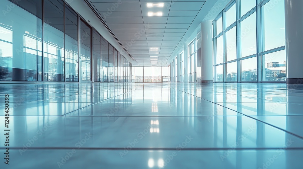 Sunlit modern office hallway with large windows and reflections on tiled floor Sunlit modern office hallway with large windows and reflections on tiled floor
