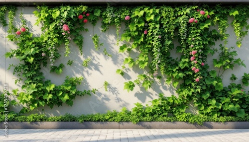 Lush green wall with climbing ivy and pink flowers in sunlight