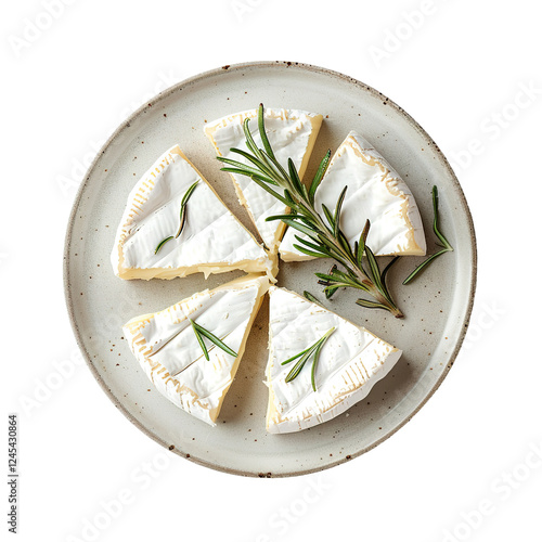 Sliced Brie with Fresh Rosemary on Ceramic Plate, Top View, White Background photo