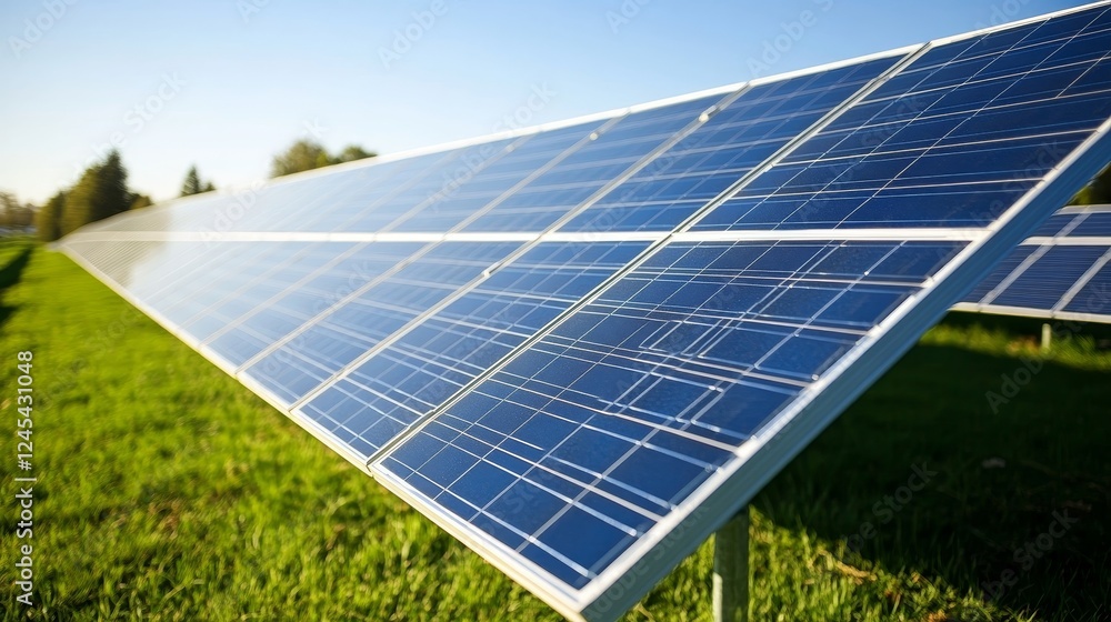 Solar panels in sunlit field generating clean renewable energy Solar panels in sunlit field generating clean renewable energy