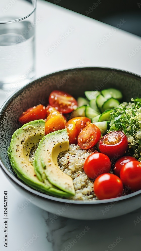 Delicious and Healthy Quinoa Bowl with Avocado, Tomatoes, and Cucumber Delicious and Healthy Quinoa Bowl with Avocado, Tomatoes, and Cucumber