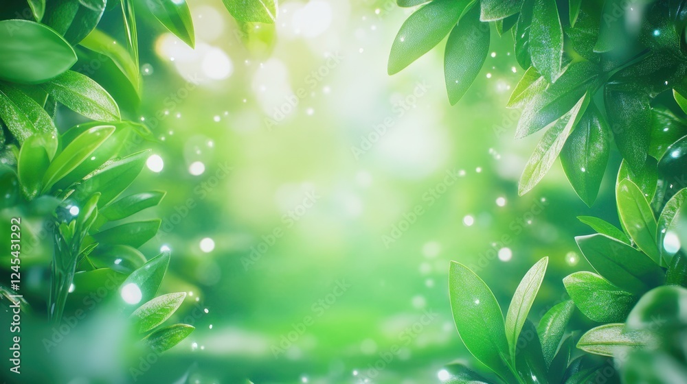 Enchanted Forest: A mesmerizing backdrop of vibrant green leaves and sparkling dust motes, framing a luminous green forest clearing. The ethereal glow of the sun's rays illuminates the scene. Enchanted Forest: A mesmerizing backdrop of vibrant green leaves and sparkling dust motes, framing a luminous green forest clearing. The ethereal glow of the sun's rays illuminates the scene.