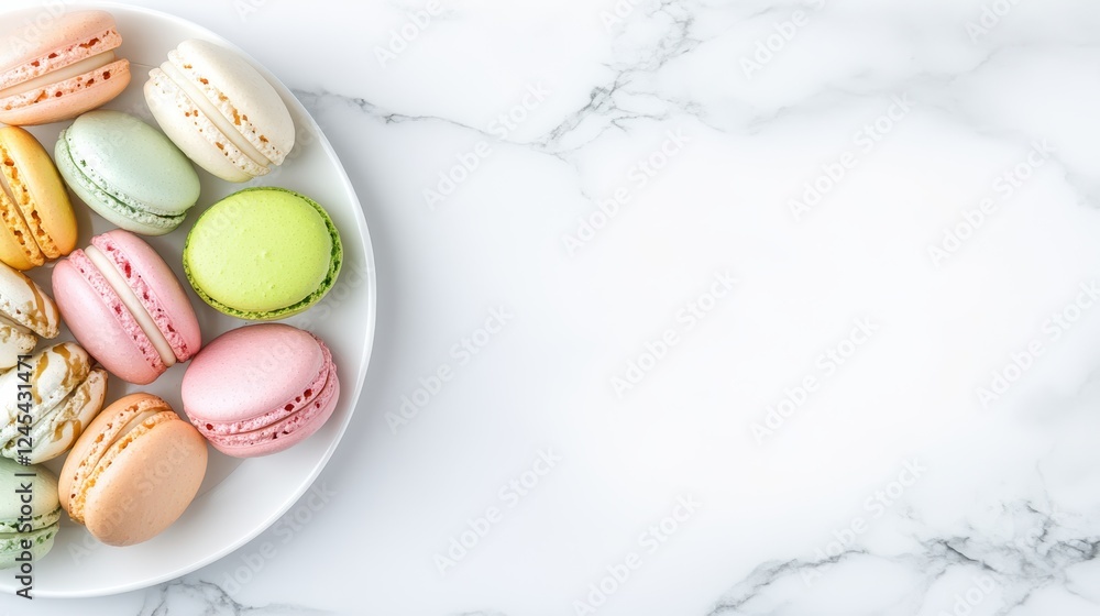 Fototapeta premium Pastel Macarons on Marble: A delightful array of pastel-colored macarons sits on a white plate against a marble background, creating a visually appealing and delicious image perfect for food blogs.