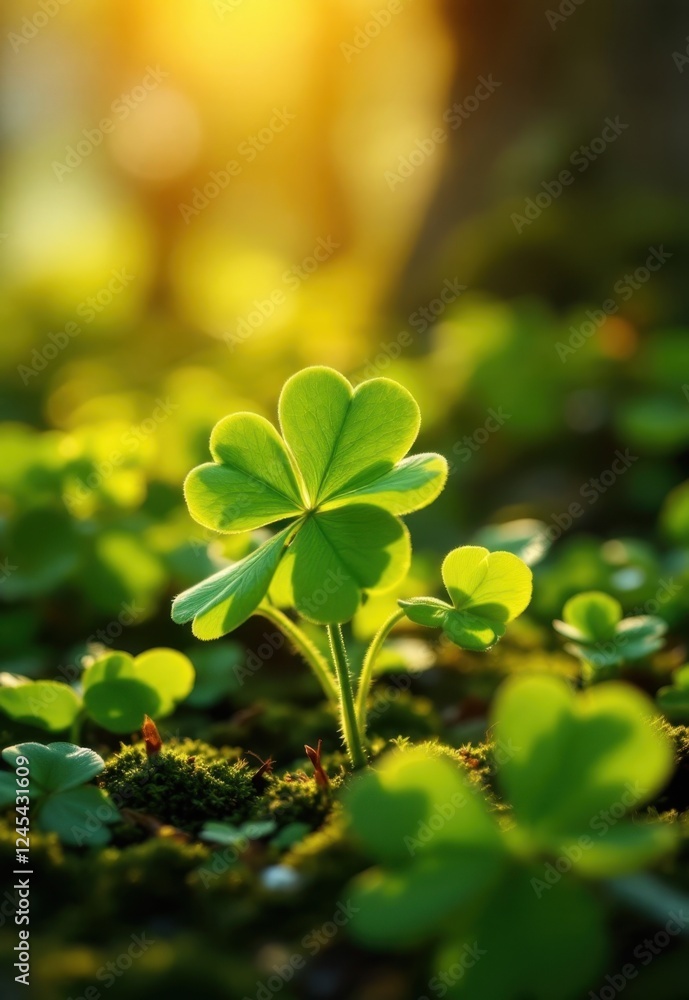 Sunlit clover in lush greenery with warm morning glow Sunlit clover in lush greenery with warm morning glow