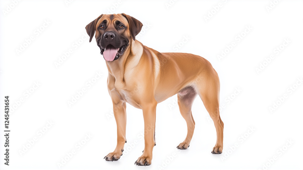 Obraz premium Majestic Boerboel: A stunning Boerboel dog stands proudly, showcasing its muscular build and calm demeanor. Its fawn coat gleams, and its tongue playfully hangs out.