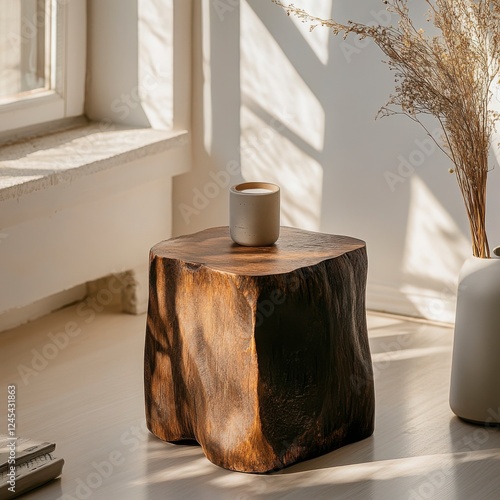 Rustic wooden stool with natural design in bright sunlit room