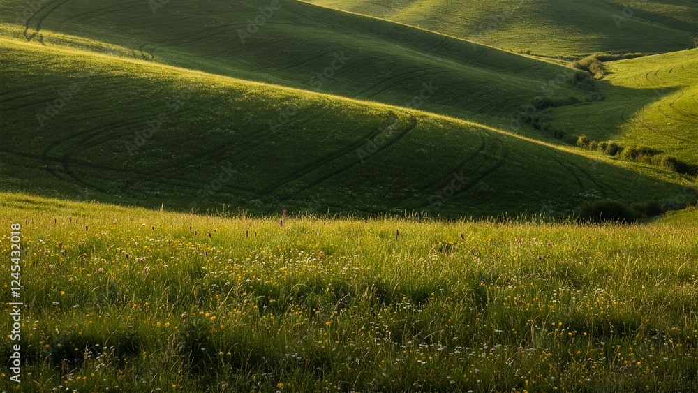 Fototapeta premium Lush green hills gently undulate under soft sunlight, with traces of paths woven through the vibrant grassy landscape.