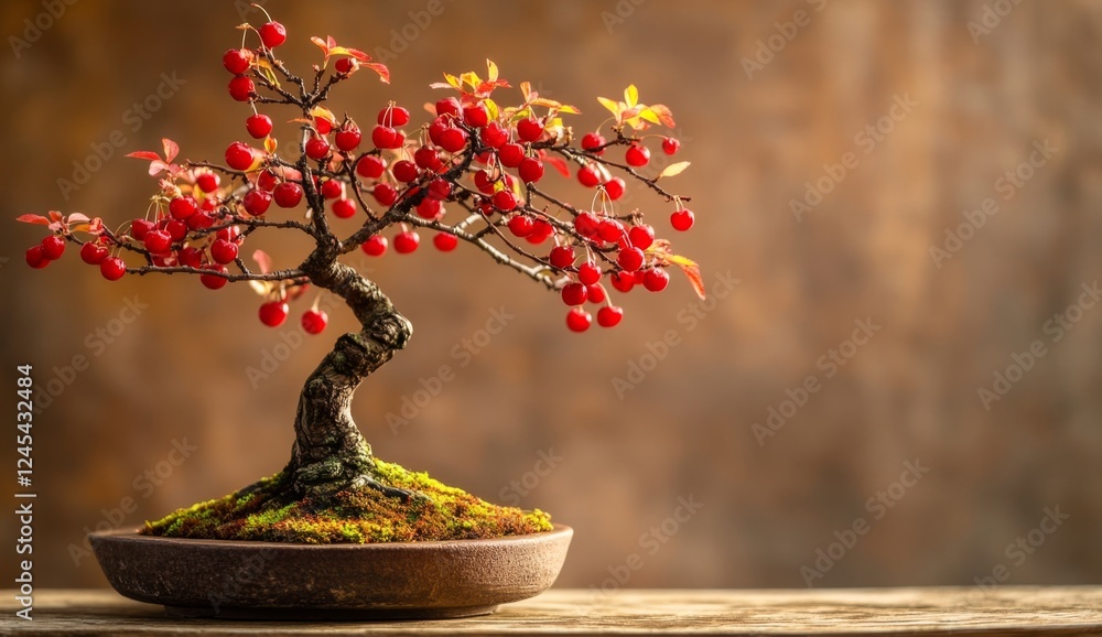 Autumn Bonsai Tree with Red Berries on Wooden Table Autumn Bonsai Tree with Red Berries on Wooden Table