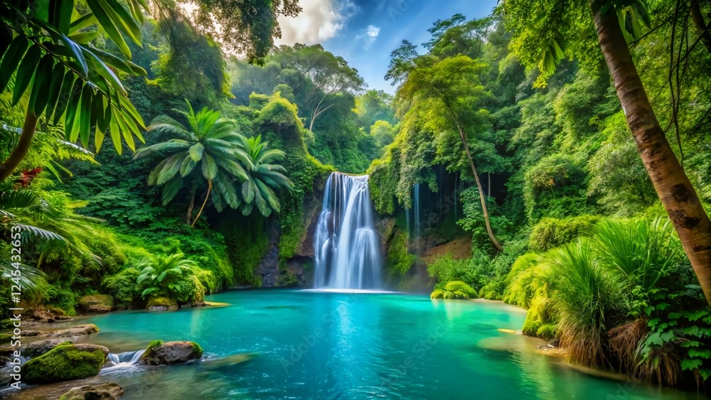 Fototapeta premium Serene Tropical Waterfall Surrounded by Lush Greenery and Palm Trees